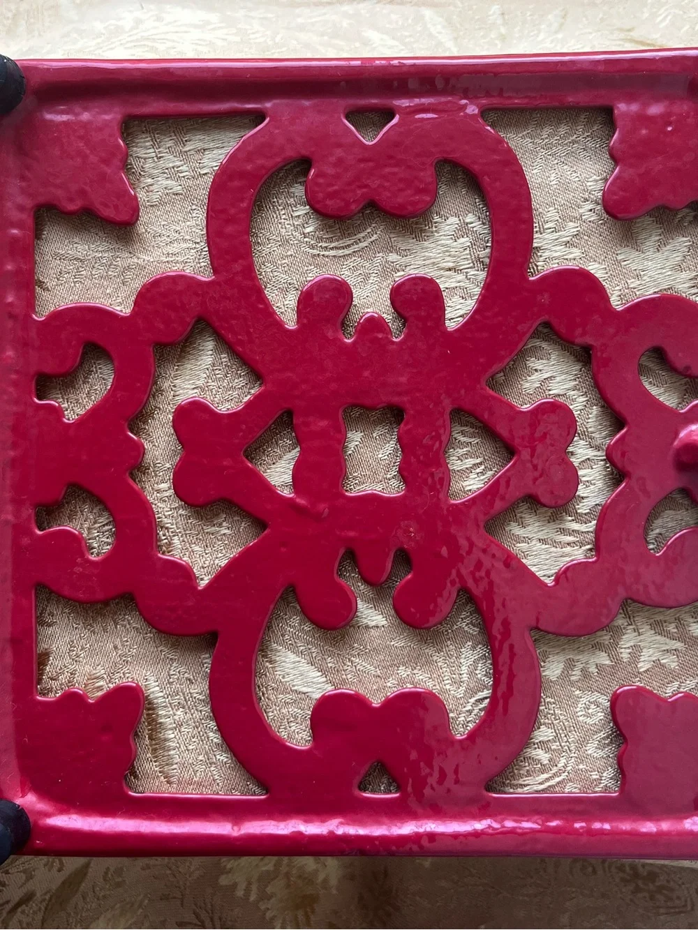 Vintage Red Enamel Cast Iron Trivet - Square Scrollwork Hot Plate